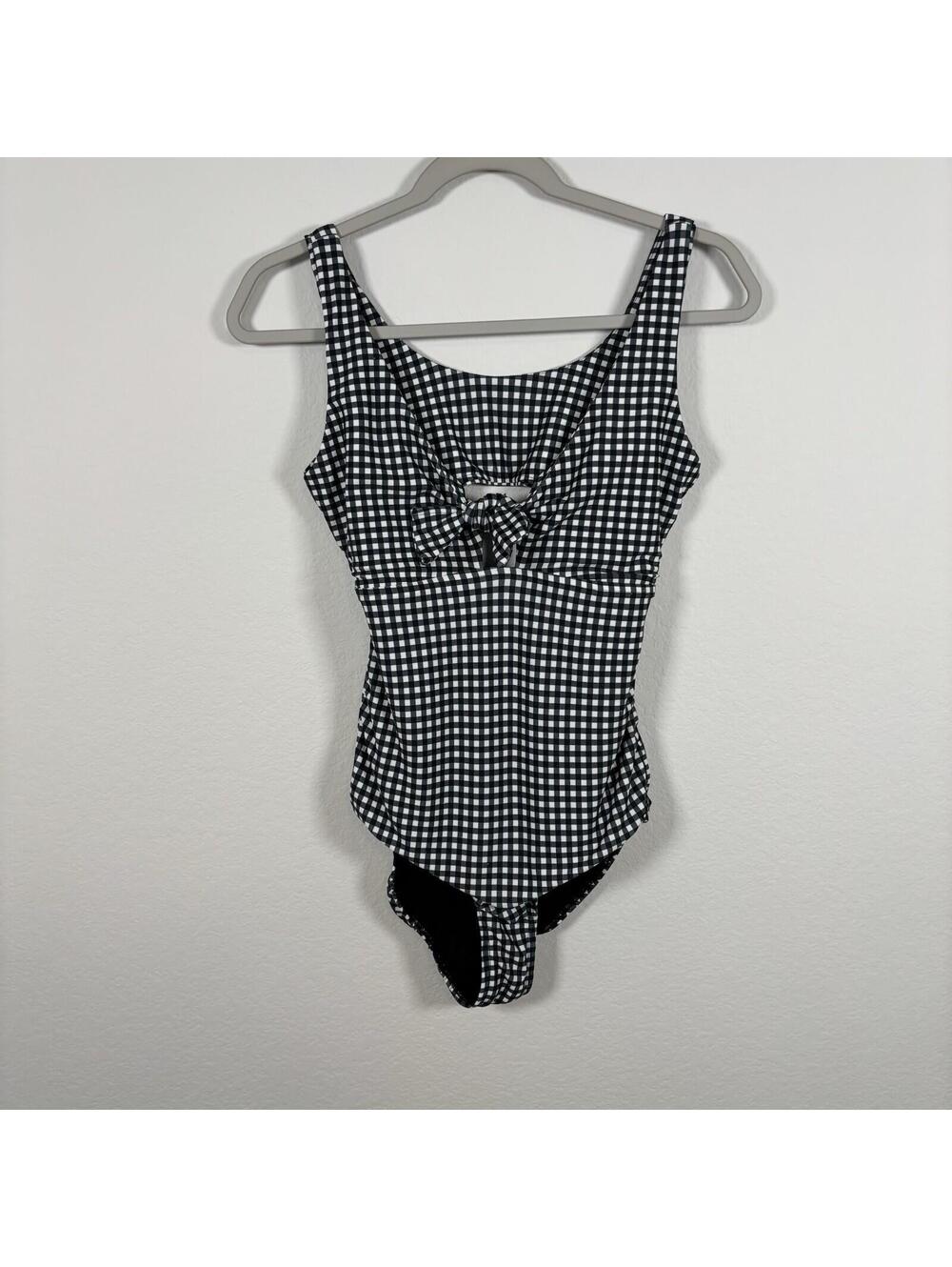 Albion Fit Gingham Top Knot One Piece Swim Suit Black White Womens Size Small